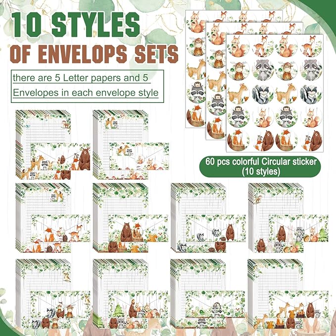 TaoBary 160 Pcs Stationery Paper Set 50 Double Sided Stationery Papers with 50 Matching Envelopes and 60 Round Dot Sticker, 10 Design(Woodland Animal,8.5 x 11 Inch)