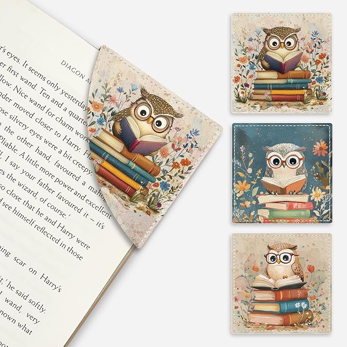 Cute Owls Corner Bookmarks, Funny Leather Book Accessories for Book Lovers, 3 Pcs Reading Book Page Markers for Women Men Student Teacher Retirement Birthday Gifts