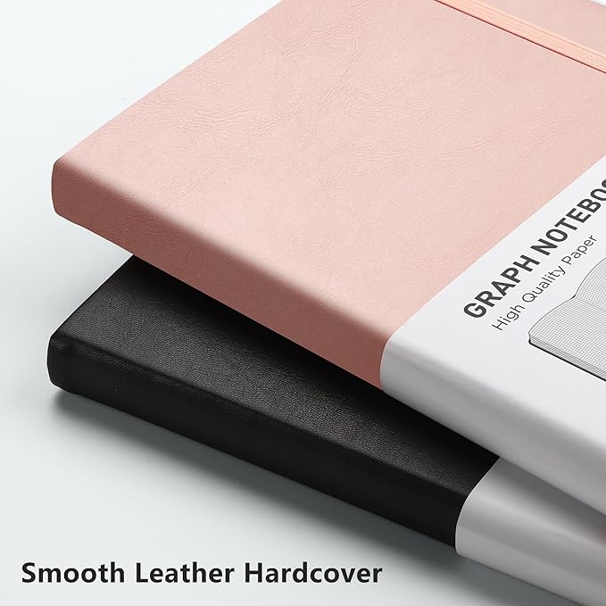 RETTACY Graph Grid Paper Notebook, 192 Pages, A5 Medium Size (5.7'' x 8.3''), 5 Squares per Inch, Leather Hardcover, 100 GSM Thick Paper, for School, Students, Math, Engineering (Rose Gold)