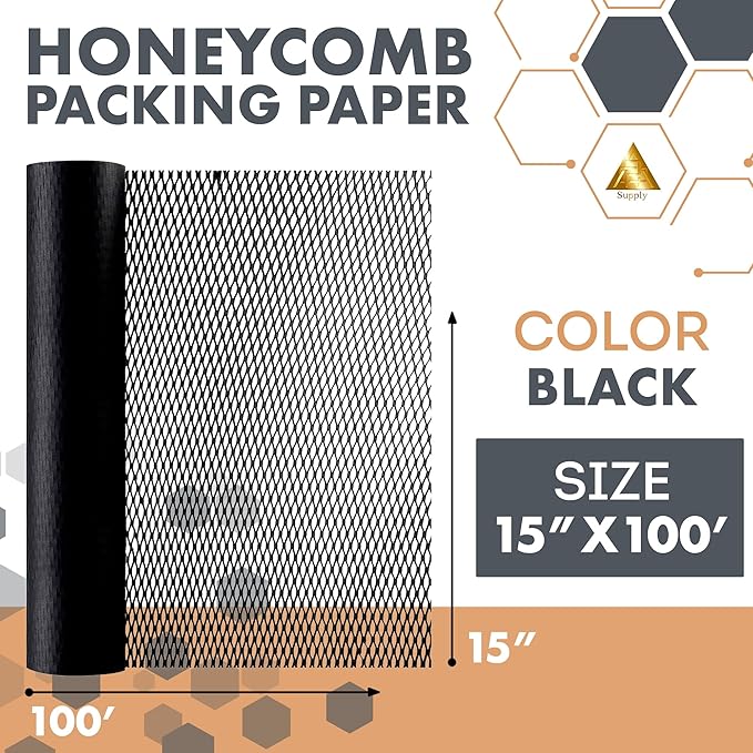 Black Honeycomb Packing Paper for Moving Breakables, 15 Inch x 100 Feet. Fragile Shipping Supplies. Perforated Packing Materials for Fragile Items. Moving Paper Wrap. Eco Friendly Packaging
