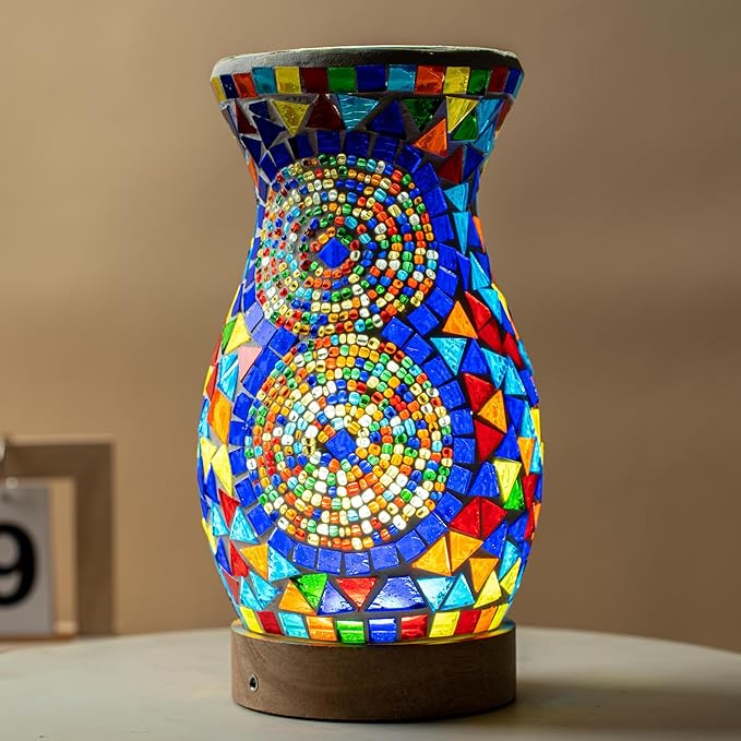 Mosaic Vase Lamp, Turkish Moroccan Table Lamp, Colorful Handmade Glass Vase, Water-Fillable, Vase, Decorative Lamp, Three-Color Light, Suitable for Bedroom Ambient Living Room Farmhouse