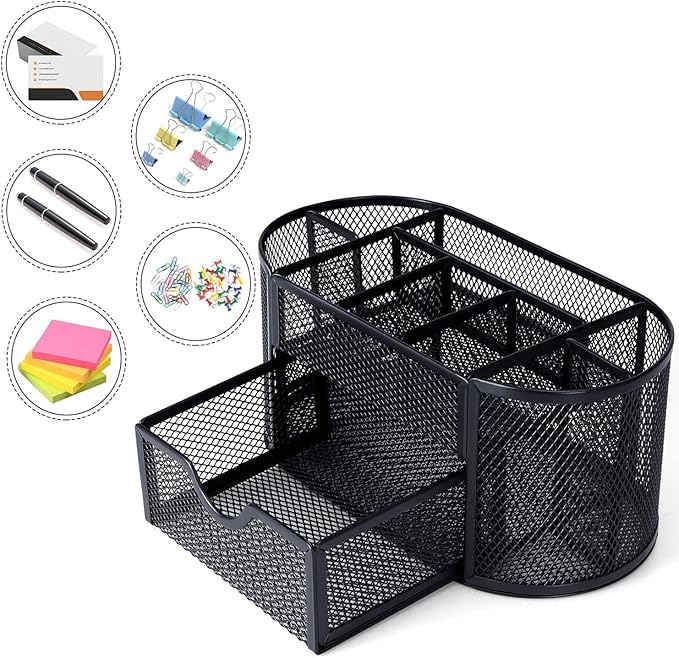 Black Mesh Pen Holder Desk Organizer Cute Office Supplies Pencil and Marker Organizers Oval Desk Caddy with 8 Compartments and 1 Drawer Workspace Accessories for Office School Home