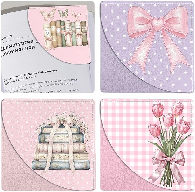 Pink Bow Leather Bookmarks, 4pcs Cute Bows Book Marks, Corner Page Book Marks, Reading Gifts for Women, Teachers, Students, Reading Lovers, Office (Tulips Floral Book Butterfly)