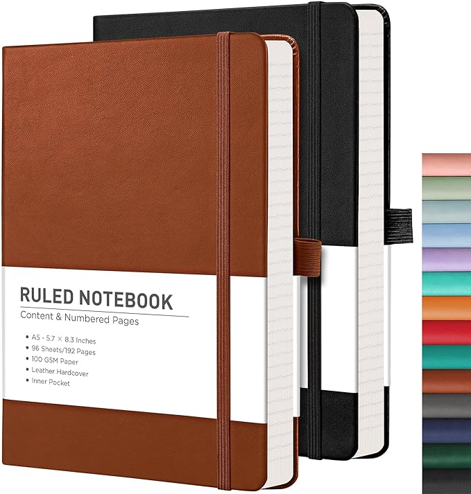 RETTACY Lined Journal Notebook, 2-Pack, 192 Numbered Pages per Pack, A5 Medium Size (5.7'' x 8.3''), for Men & Women, Writing, Work, Leather Hardcover, 100 GSM Thick Paper (Black & Brown)