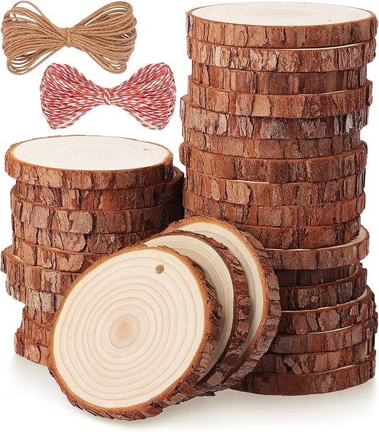 Fuyit Natural Wood Slices, 30 Pcs 3.1-3.5 Inch Unfinished Predrilled Wooden Circles Tree Slice with Hole for DIY Arts Craft Christmas Ornaments