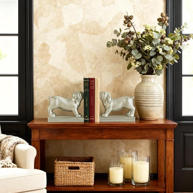 Decorative Bookends for Shelves, Dog Book Ends for Heavy Books, Bulldog Statues Bookends for Heavy Books with Anti-Slip Base Book Holders for Home Office Decor (Silver)