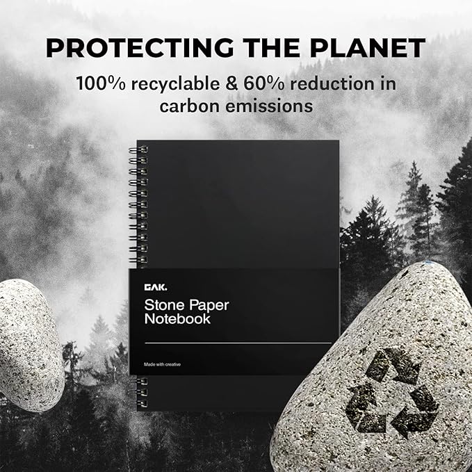 GAK. Stone Paper Waterproof Sheet Spiral Notebook (M Size) – 5.8”x8.3”, 50 sheets, Stone Paper Notebook Journal Note Taking Waterproof Notepad College Ruled Paper Black Notebook Aesthetic School