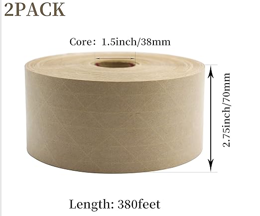 BOMEI PACK Reinforced Water Activated Gummed Kraft Paper Tape, 2 Pack 2.75 inch x 380 ft, for Heavy Duty Secure Packing Shipping