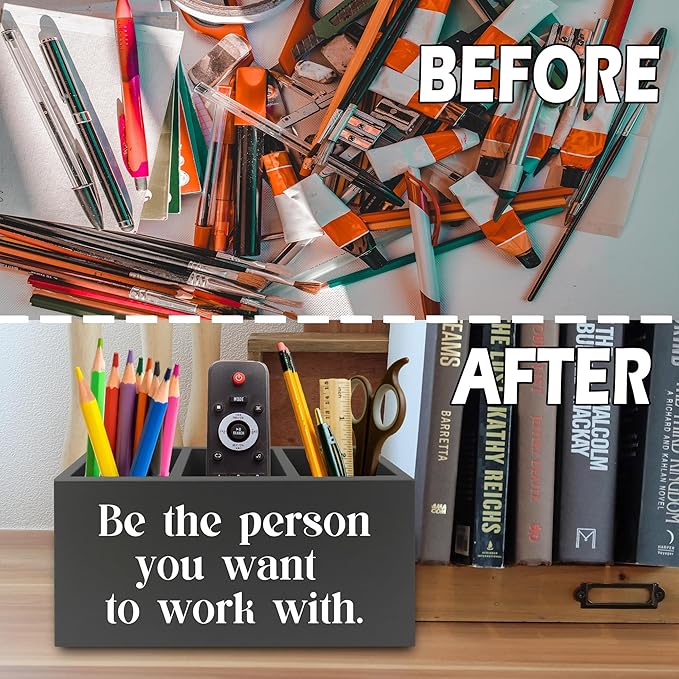 Be the Person You Want to Work with Inspirational Pen Pencil Holder Organizer for Desk, Inspirational Gifts for Women Men, Motivational Wooden Box Sign for Home Office Desk Tabletop Decorations