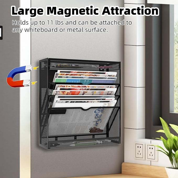 5 Tier Magnetic File Holder, No Drilling Wall File Organizer, Magazine Paper Mail Document Holder/Magnetic Hanging File Organizer for File Cabinets,Whiteboard refrigerator,Office,Classroom(Black)
