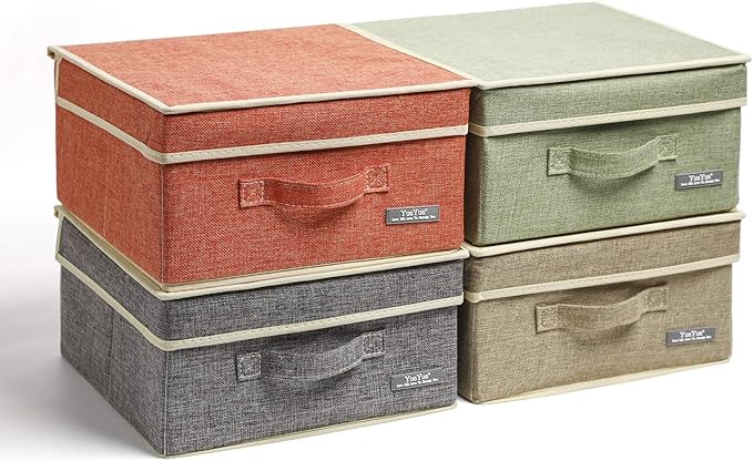 YueYue Small 4 Pack Fabric Stroage Box with Lids, Linen Foldable Stroage Box with lids 4 Color Set 12.4in/12in/6.7in