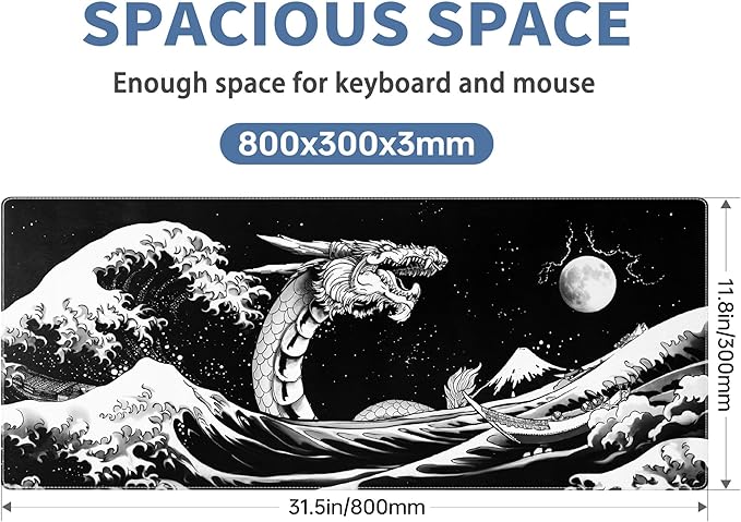 Japanese Wave Dragon Gaming Mouse Pad Large Desk Mat Black Extended Keyboard Mouse Pad Gaming Mousepad with Non-Slip Base Stitched Edge Mouse Mat Desk Pad 31.5 X 11.8 Mouse Pads for Desk Home Office