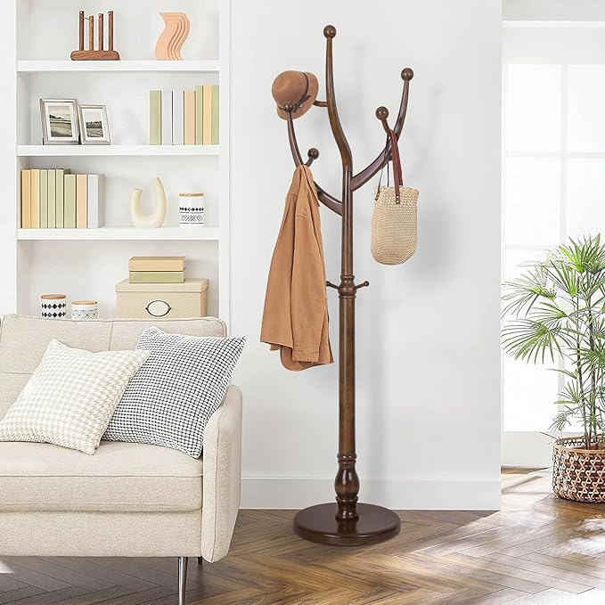 Wood Coat Rack Coat Tree Freestanding with Hooks, Heavy Duty Standing Coat Rack with Solid Round Base, 74” Tree Shaped Coat Hanger Stand for Clothes, Hat, Jacket, Entryway Bedroom, Walnut