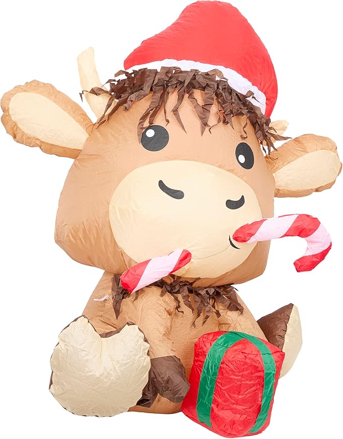 Alpine Corporation 41" Tall Inflatable Highland Cow Christmas Decor with Cool White LED Lights, 50 Lumen Outdoor Display