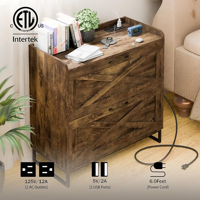 Lateral File Cabinet 2 Drawer File Cabinet with Charging Station for Legal/Letter/A4 Size Hanging Files, Large Wood File Storage Cabinets Printer Stand for Home Office, Rustic Brown