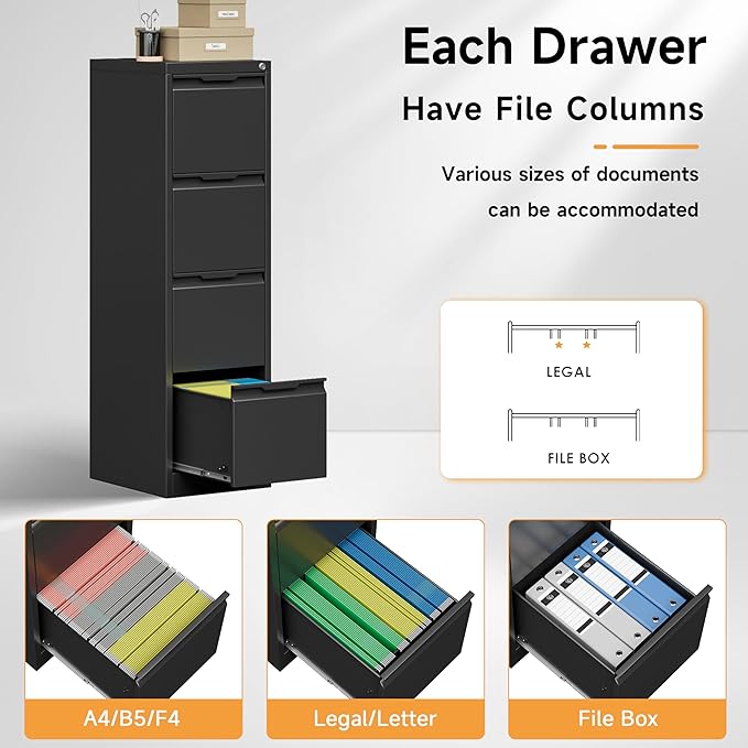 4 Drawer File Cabinet, 17.8" D Metal Filing Cabinets with Lock, Vertical Filing Cabinet for Home Office, Steel File for Letter/Legal/A4/F4 Size, Easy Assemble (Black)