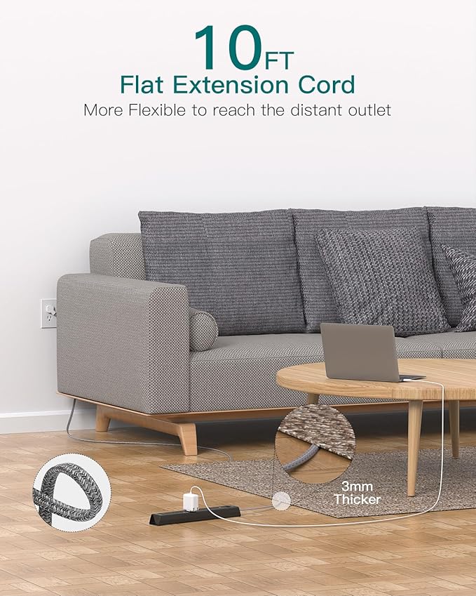 Extension Cord with Multiple Outlets 10 Ft - Power Strips with Surge Protection, Flat Plug with 6 AC Outlets 4 USB (2 USB-C Ports), Wall Mount Outlet Extender for Home Office Dorm Room Essentials