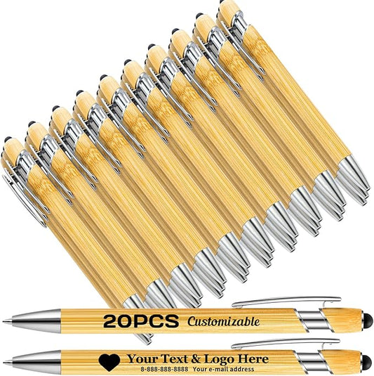 Personalized Pen Customizable Bamboo Pen with Stylus -Customizable Text Logo Name Ballpoint Pens with Black Ink-Personalized Gift Ideas for School Back Day Office Business Home(20 Count/Pack)