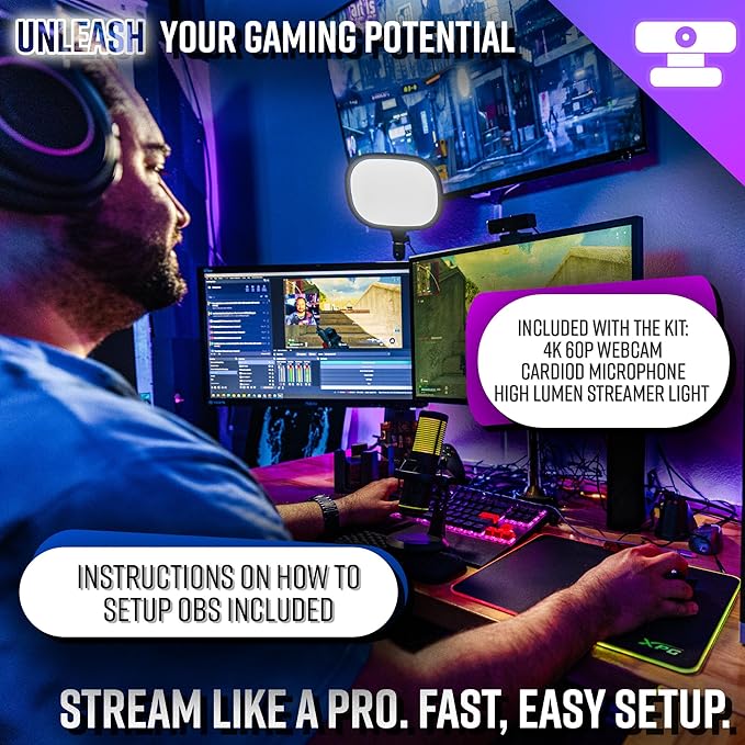 Live Video Streaming Kit (Deluxe)-for Video Call, Gaming, Podcast, YouTube, Content Creation- Includes 2k 60 FPS Webcam, Professional Cardioid Microphone, and LED Flat Light for Android/MAC/Windows