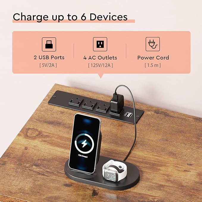 6 Drawer File Cabinet with Charging Station Rolling Printer Stand with Open Storage Shelf Fabric Lateral Filing Cabinet for Home Office,Rustic Brown2