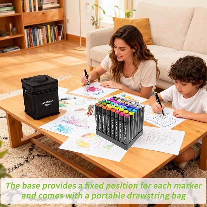 Alcohol Markers 48 Colors - Dual Tip Alcohol Based Art Markers for Kids, Students & Families - Quick Drying, Blendable Marker for School Work, Coloring Books, Drawing with Portable Storage Bag