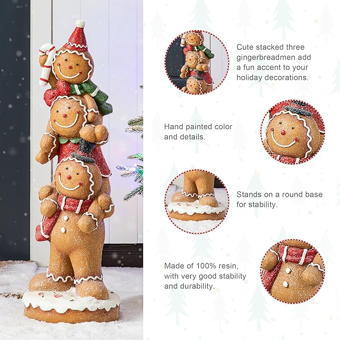 Glitzhome 29.25"H Christmas MGO Stacked Gingerbread Man Porch Decor, Xmas Winter Patio Front Porch Indoor Outdoor Home Standing Decor