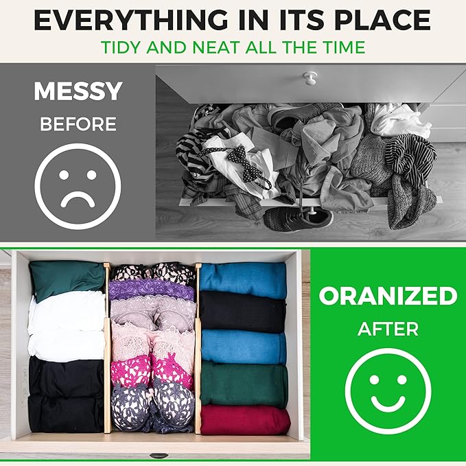 Bamboo Drawer Dividers Organizer with Inserts, Expandable from 12.5-21.7", Adjustable Drawer Organizer Separators for Utensils, Dresser, Bedroom, Bathroom, Closet, Clothing, Office (Beige)