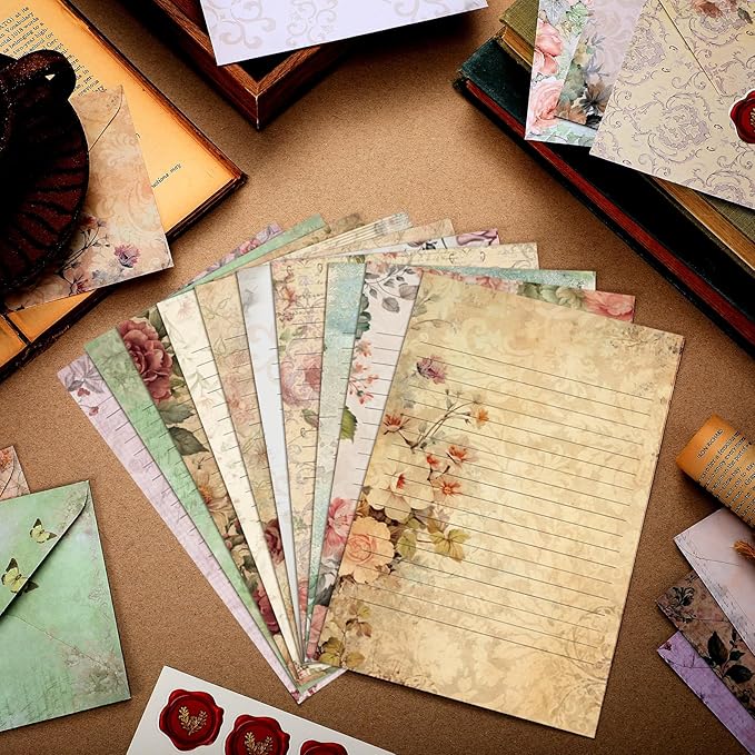 TaoBary 160 Pcs Stationery Paper Set 50 Double Sided Stationery Papers with 50 Matching Envelopes and 60 Round Dot Sticker, 10 Design(Vintage Floral,5.5 x 8.25 Inch)