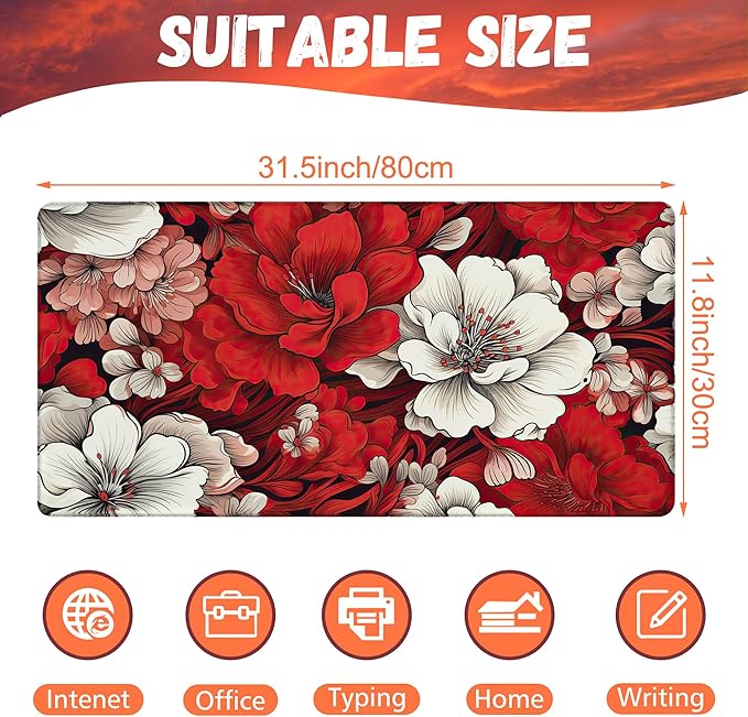 Desk Pad, Red and White Flowers Desk Mat, Retro Red Floral Large Gaming Mouse Pad, 31.5"x15.7" Extended Big Computer Keyboard Mouse Pad with Non-Slip Base and Stitched Edge