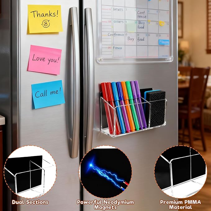 Magnetic Dry Erase Marker Holder - Non-Slip Acrylic Pen Organizer with Powerful Magnets for Whiteboard, Refrigerator, Office Desk, Classroom Supplies & Home Organization-Clear