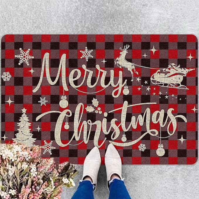 Christmas Front Door Mat Xmas Buffalo Plaid Welcome Doormat Reindeer Santa Claus Floor Mats Outdoor Indoor Area Rug Entry Doormat for Bedroom Living Room Kitchen Nursery, 18" x 30"Inch