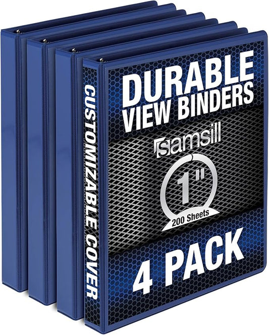 Samsill Durable 1 Inch Binder, Made in The USA, Round Ring Customizable Clear View Binder, Blue, 4 Pack (MP48432)