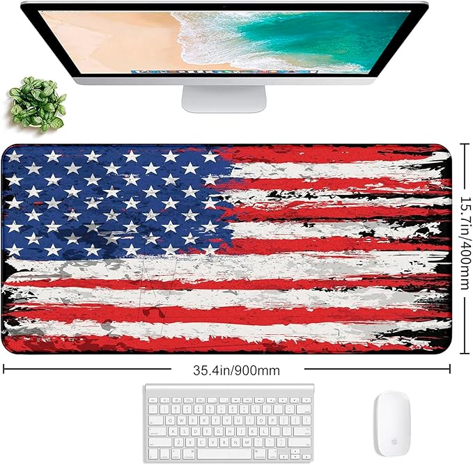 Oversized American Flag Computer Desk Pad, Non Slip Keyboard Pad, Custom Thick Seam Edge Office and Home Mouse Pad 35.4 x 15.7 Inches