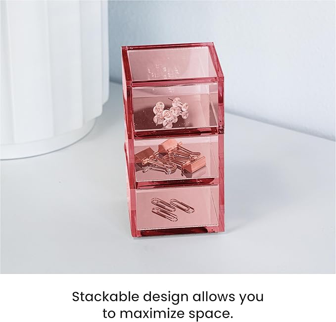OfficeGoods 3-Tier Stackable Acrylic Holder- Stylish Desk Organizer and Storage for Office or Home – Transparent Square Design, Pink with Silver Metal Base