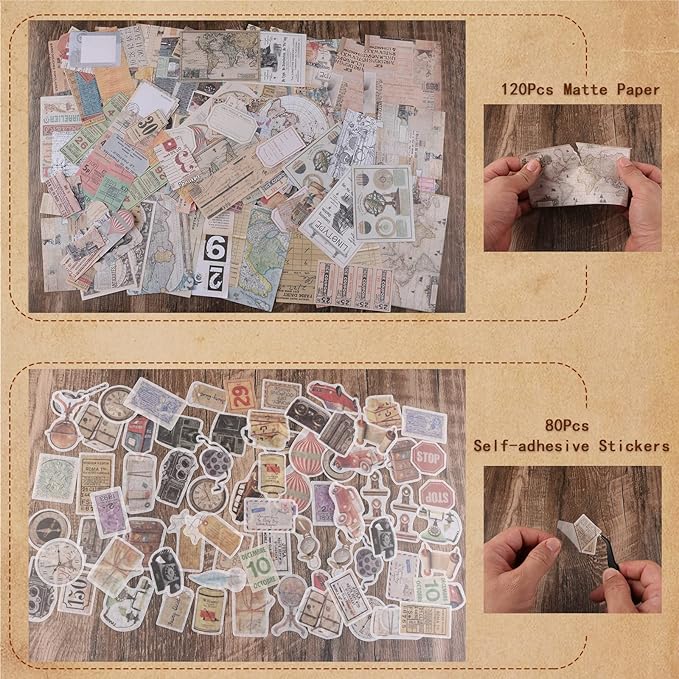 200Pcs Vintage Scrapbook Stickers, Aesthetic Junk Journal Stamping Supplies Kit, Scrapbooking Ephemera Washi Paper for Bullet Journaling Planners Diary Collage