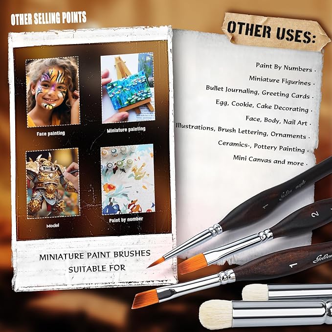 Detail Paint Brushes Dry Brushes, Golden Maple 10PC Flat Miniature Dry Paint Brushes Fine Detail Paint Brush Set for Acrylic, Oil, Watercolor & Figurine