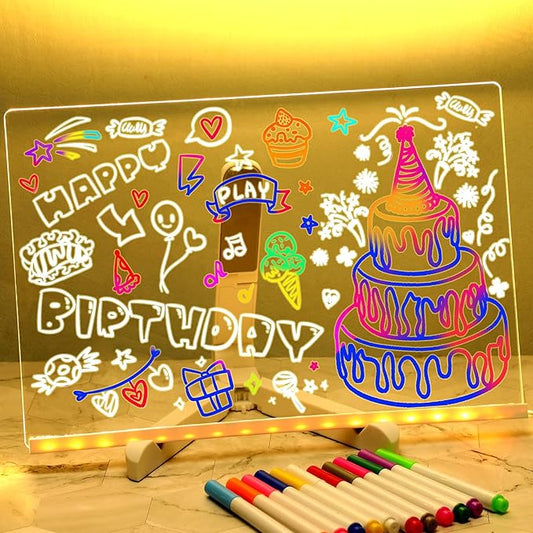 LED Note Board with Colors, 12"x 8" Glowing Acrylic Dry Erase Board with Light, Led Drawing Board with Stand LED Message Writing Board with 7 Markers for Holiday Party Christmas Gift