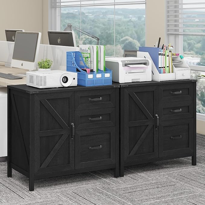 Lateral File Cabinet with 3 Drawers, Farmhouse File Cabinet for Letter/A4 Size Hanging Files, Large Wood File Storage Cabinets Printer Stand for Home Office Furniture, Black