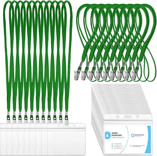 Marspark 100 Sets Clear Name Tags with Lanyard, Lanyards for ID Badges Reusable Strap with ID Holder Plastic Name Badges for Adults Business School Church Conference (Dark Green)