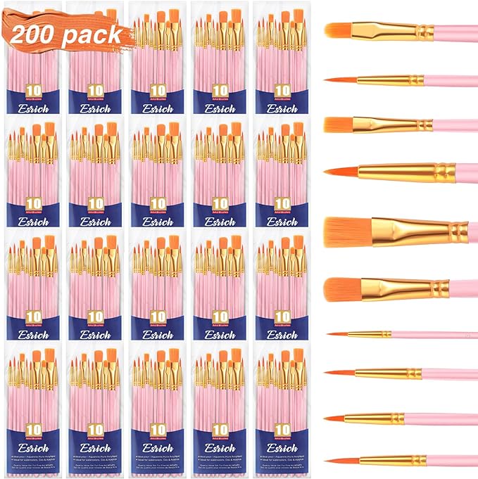 ESRICH Acrylic Paint Brushes Set, 20 Packs / 200 Pcs Nylon Hair Paint Brushes,Paint Brush Set Suitable for Oil,Watercolor,Rock Body Face Art, Kids Adult Perfect Art Painting Craft Paint Brush Kits.