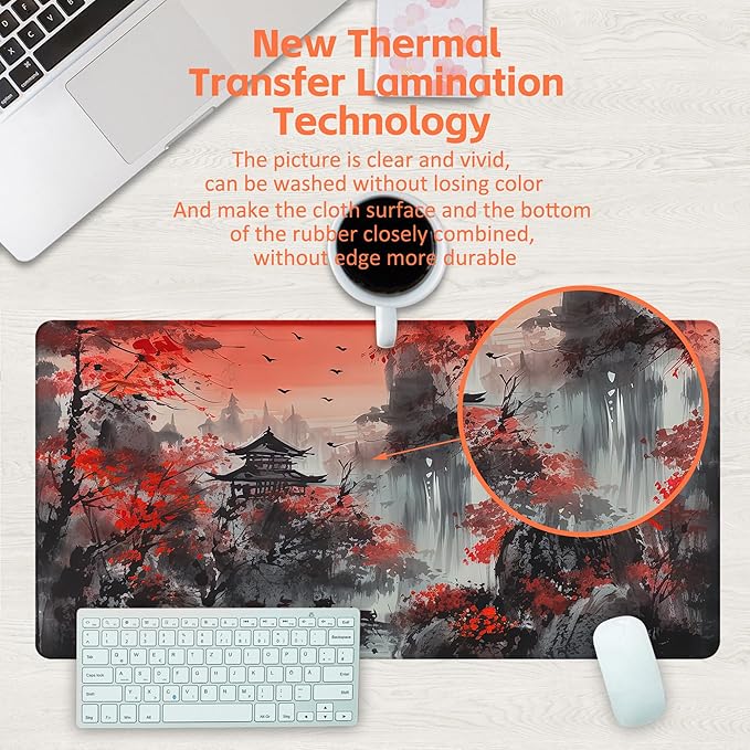 Desk Mat, Red Landscape Painting Desk Pad, Ink Painting Large Gaming Mouse Pad for Desk, 31.5"x15.7" Extended Big Computer Keyboard Mouse Pad with Non-Slip Base and Stitched Edge