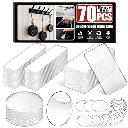 Navona 70 Pcs Pre-Cut Heavy Duty Double-Sided Nano Tape – 1 & 2 Inch Rectangular and Round Adhesive Strips, Transparent, Removable, Reusable Mounting Tape for Home and Office Use