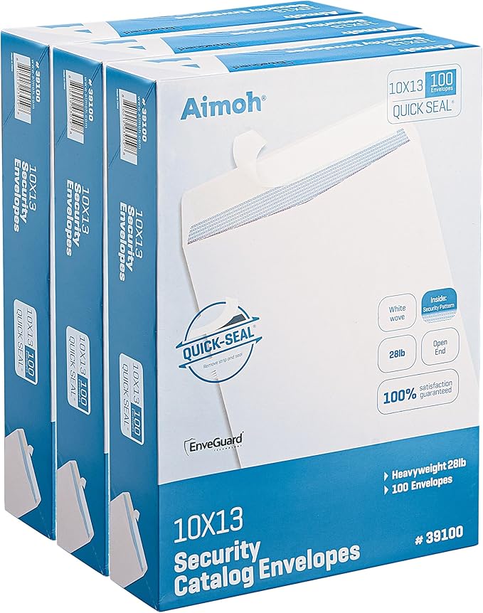 Aimoh 10 x 13 Self-Seal Security White Catalog Envelopes - 28lb, 300 Count, Security Tinted, Ultra Strong Quick-Seal, 10x13 inch - 1 Case - 3 Packs - 300 Envelopes (39100-CS)