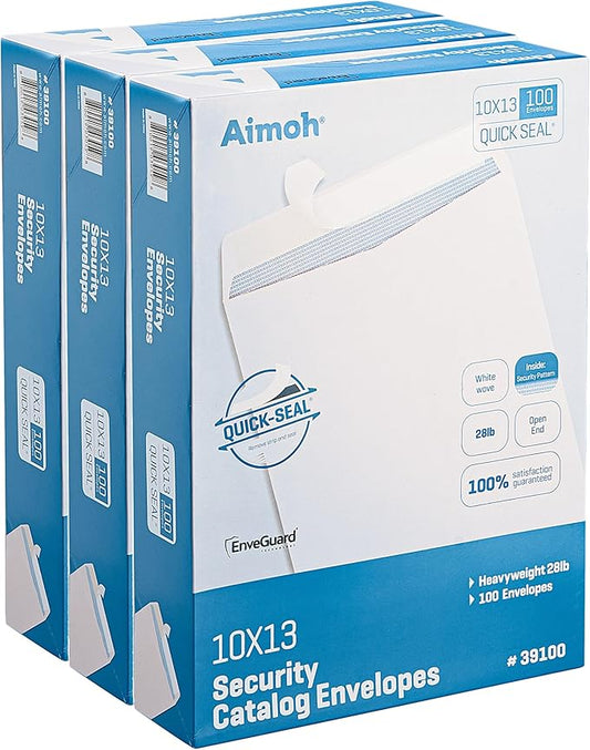 Aimoh 10 x 13 Self-Seal Security White Catalog Envelopes - 28lb, 300 Count, Security Tinted, Ultra Strong Quick-Seal, 10x13 inch - 1 Case - 3 Packs - 300 Envelopes (39100-CS)
