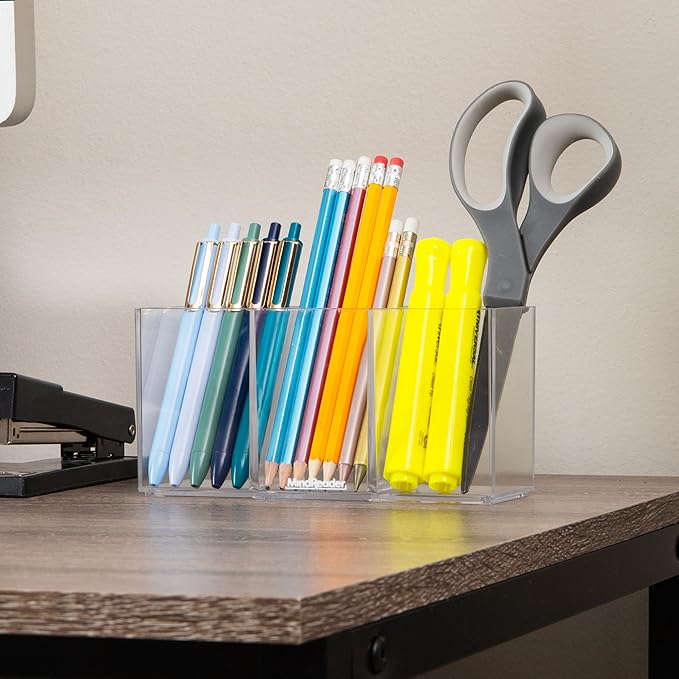 Mind Reader Pen and Accessories Holder, Desktop Organizer, Makeup Organizer, Office, Acrylic, 7" L x 2.5" W x 3.5" H, Clear