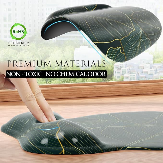 MROCO Ergonomic Mouse Pad with Gel Wrist Rest, Comfortable Mousepad with Smooth Wrist Support Surface and Non-Slip PU Base for Pain Relief, Computer, Laptop, Office & Home, 9.4 x 8.1 in, Green Leaves
