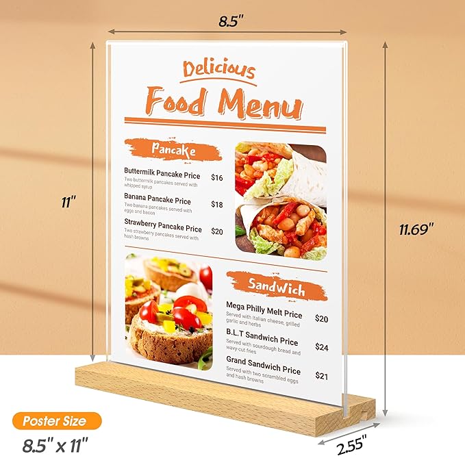 8.5 x 11 Acrylic Sign Holder with Wood Base - Tabletop Display Menu Stand - Clear Plastic L/T Shape Vertical or Slant Back Paper Holders - 6 pack