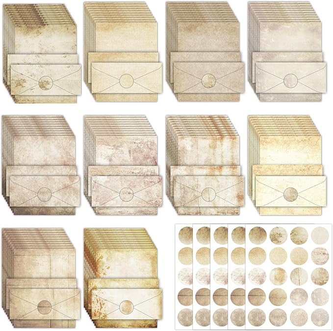 250Pcs Vintage Kraft Stationery Paper and Envelope Set with 100 Letterhead Papers and 50 Envelopes, 10 Design for Letter Writing Invitations Computer Holidays Party Notes, 8.5x11 Inch-Retro