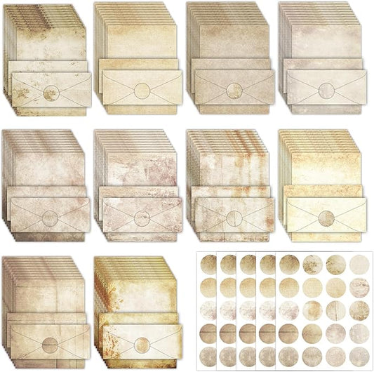 250Pcs Vintage Kraft Stationery Paper and Envelope Set with 100 Letterhead Papers and 50 Envelopes, 10 Design for Letter Writing Invitations Computer Holidays Party Notes, 8.5x11 Inch-Retro