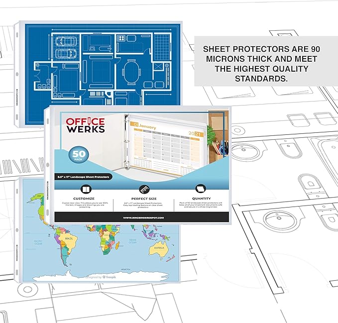 Performore 50 Sheet Protectors, Landscape Clear Sheet Protectors 8.5 X 11 Inch for 3 Ring Binder, Plastic Sheet Sleeves, Top Loading with 3 Hole-Punched Archival Safe, Non-Stick and Long-Lasting